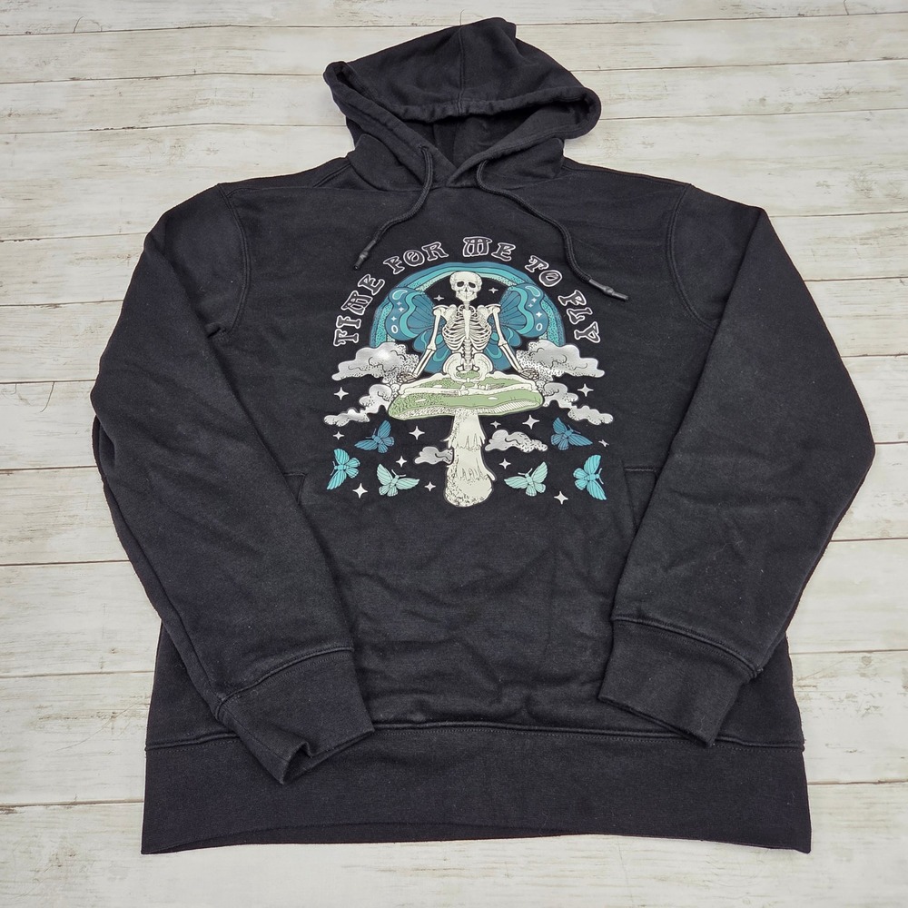 Airwalk Time For Me To Fly Graphic Hoodie Men XS Black Skeleton Mushroom Skater
